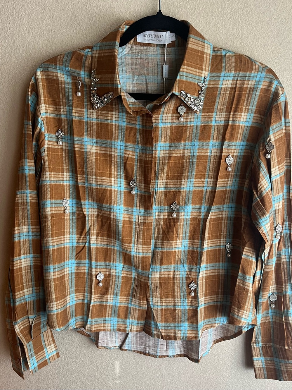 Womens Brown Plaid Embellished Button-Up Shirt Jacket